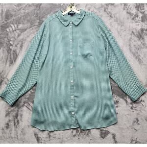 Roaman's Top Womens 24W Green Check Plaid Kate Tunic Long Sleeves‎ Button Down